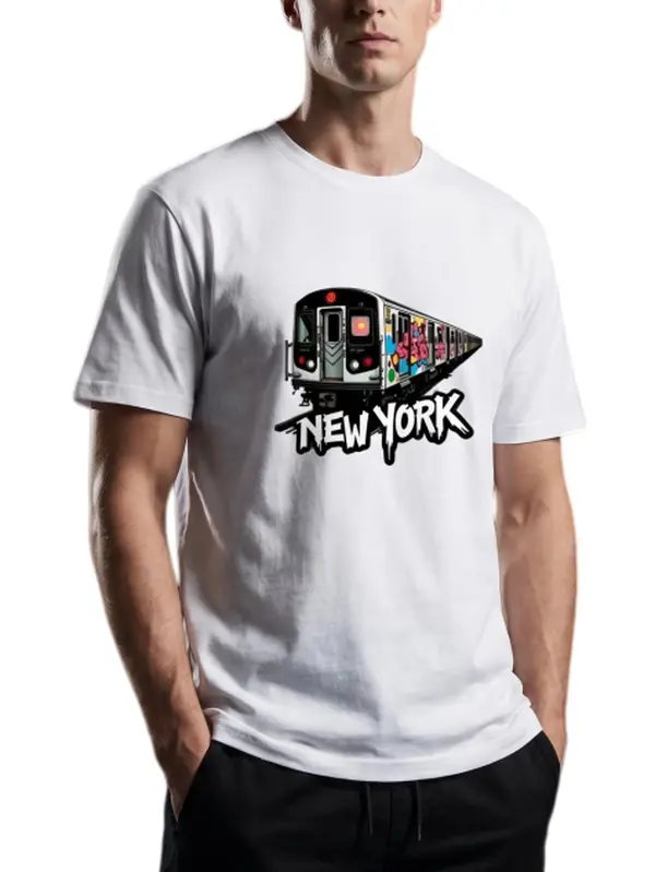 Urban Hip Hop Graffiti Letter New York Color Painted Subway Train Graphic Crew Neck T-Shirt, 230GSM 100% Combed Cotton Breathable Daily Summer White Tee, Unisex Casual Gift Top For NYC Travelers & Street Art Lovers