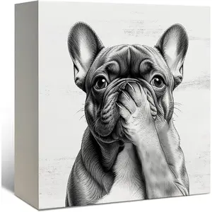 French Bulldog Bathroom Decor, Funny French Bulldog Wooden Box Sign Print, Frenchie Lover Gifts Artistic Wood Signs for Bathroom Toilet Restroom Counter Shelf Wall Decoration 5x5 Inch
