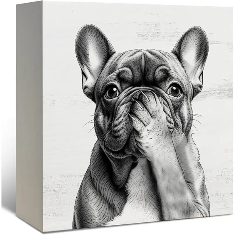 French Bulldog Bathroom Decor, Funny French Bulldog Photo Wooden Box Sign Print, Frenchie Lover Gifts Artistic Wall Picture Decor Wood Signs for Bathroom Toilet Restroom Counter Shelf Wall Decoration 5x5 Inch Creative Wall Art