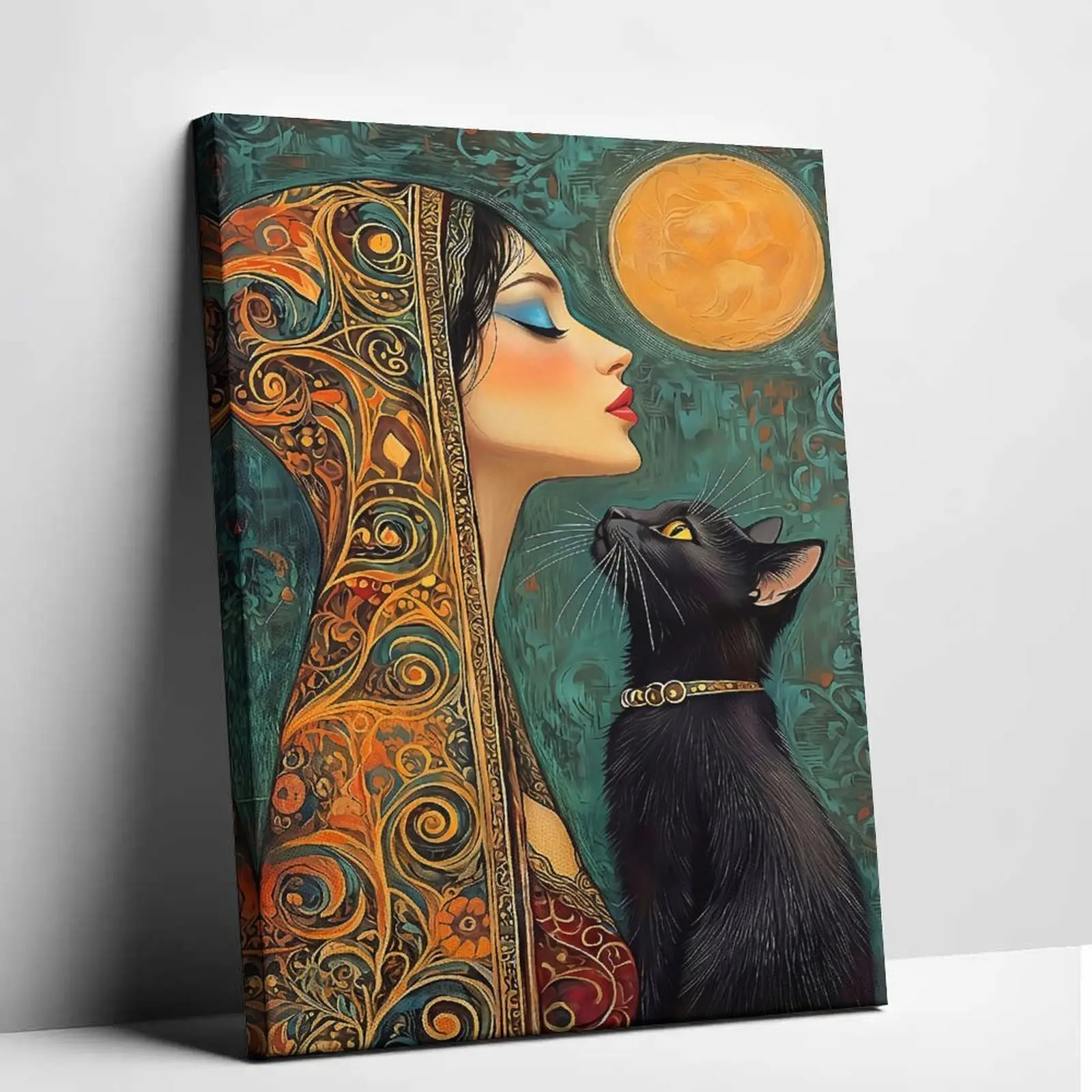 Artistic Dark Aesthetic Moody Black Cat & Woman Flat Print, 2D Canvas Poster, Vintage Medieval Bedroom Decor, Unique and Captivating Artwork, Gift for Art Lovers