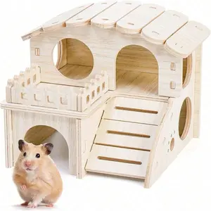 Wooden Hamster House with Window, Fun Slide Maze Hideout, Hamster Cage Habitat, Detachable Two-Layer Mouse Habitat for Small Pets, Pet Supplies