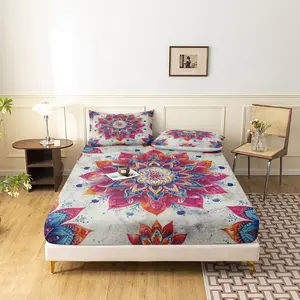 3pcs Colorful Bohemian Mandala Fitted Sheet Set, Boho Floral Bedding Set (1 Fitted Sheet + 2 Pillowcases, No Pillow), HD Print for Home and Dorm Use