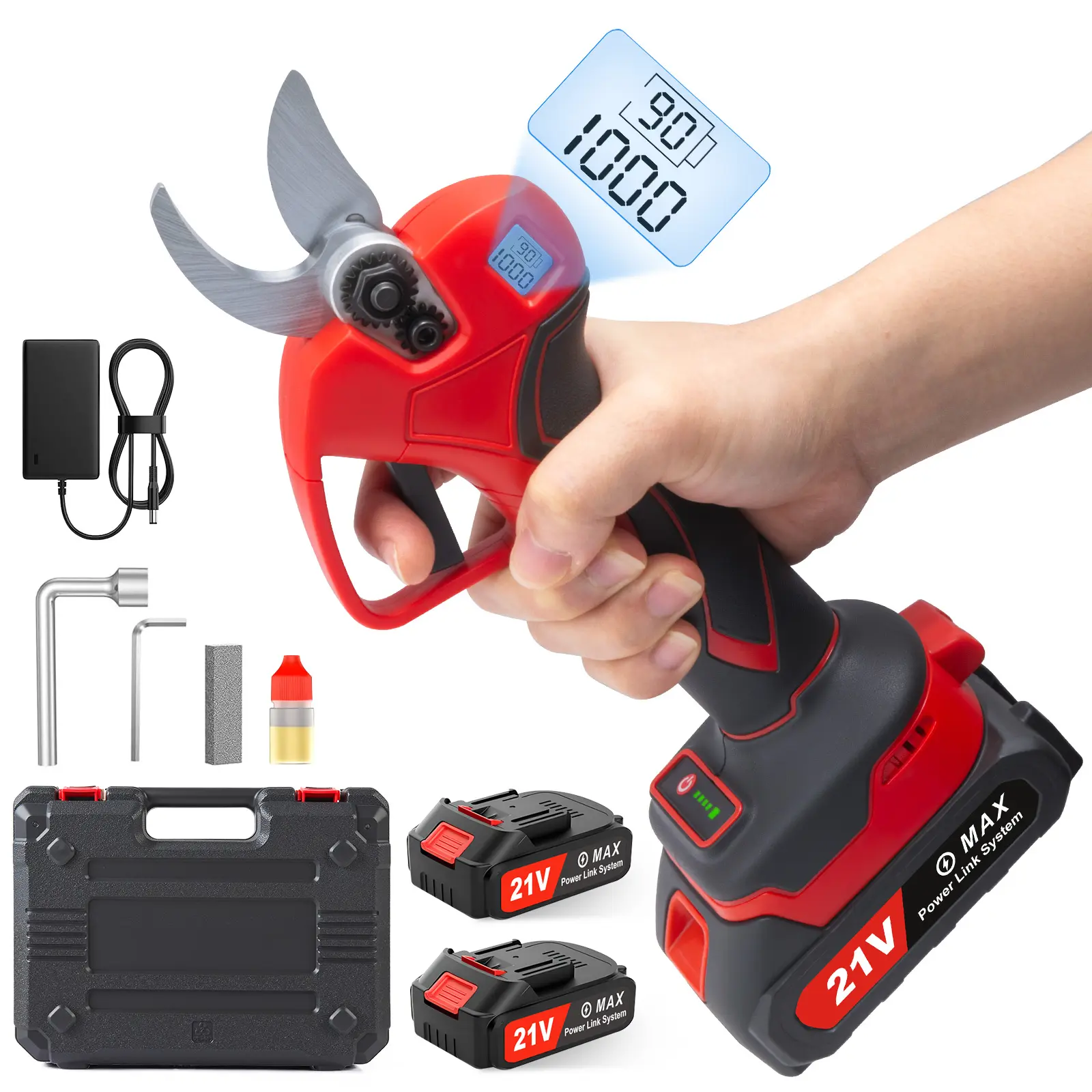 2026 Upgraded 21V Cordless Professional Electric Pruning Shears (Cordless Pruning Saw), 46mm Cutting Diameter, 21V Batteries, LED Display, Blade Sharpener, Full Tool Kit in Plastic Case - Heavy Duty Garden Limb Cutter with High Performance, Limb Branch Cu