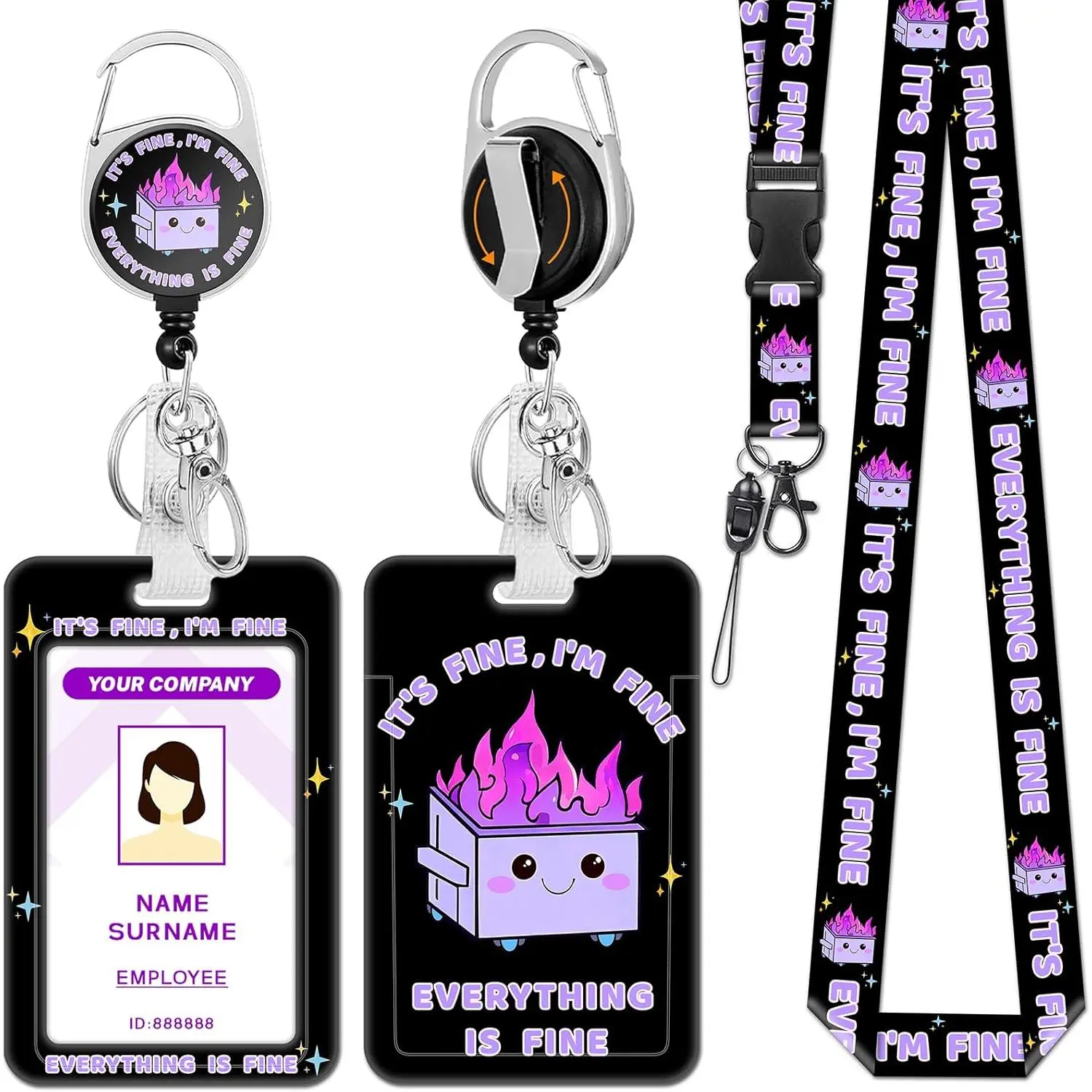 BY-347 Retractable ID Badge Holder Lanyard with Funny Dumpster on Fire Fun Print, 19.29in Polyester Lanyard, Card Protector Cover, 360° Rotating Carabiner Clip, Vertical Slot - For Adults - Ideal for Thanksgiving, Drivers