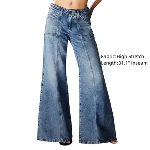 Stitch Detail Wash Stretchy Low Waist Wide Leg Jeans Comfort Denim
