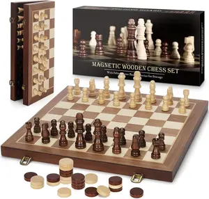 15'' Magnetic Folding Wooden Chess & Checkers Set - Extra Queens - Folding Chessboard Portable Travel Tournament Chess Board Games for Adults and Kids