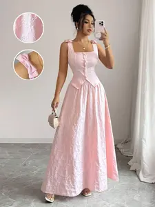 2026 New Women's Square Neck Button Front Waist Cinch Floral Halter Top + Flowy Long Skirt Set, Slimming, Chic, Elegant, French Vintage Style