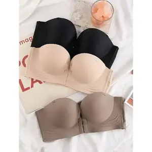 Women's strapless bra - front buckle non slip tie, seamless backless design, nude/light brown/black, ample support, elegant and chic nylon spandex