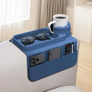 Couch Cup Holder Tray, Silicone Sofa Armrest organizer with Assesory Side Pockets for storage Remotes, Cell-phone,Tablet or Snack, Anti-Spill and Anti-Slip Couch Drink Holder Caddy(Blue)