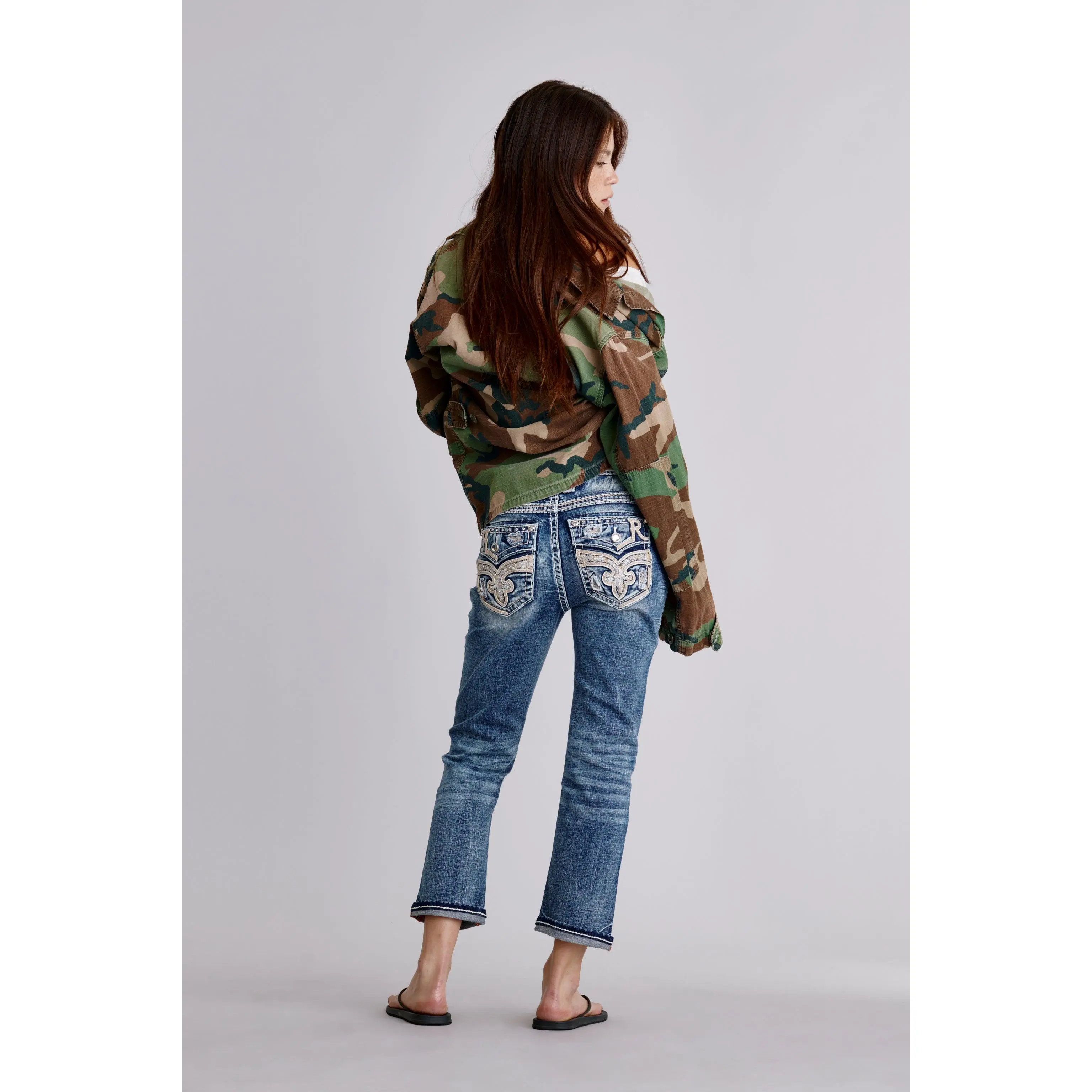 rr Women's Vittoria Crop Jeans in Medium Wash Stretch Denim with Signature Fleur-de-Lis Embroidery, Tall Girl Friendly Streetwear, Bottoms