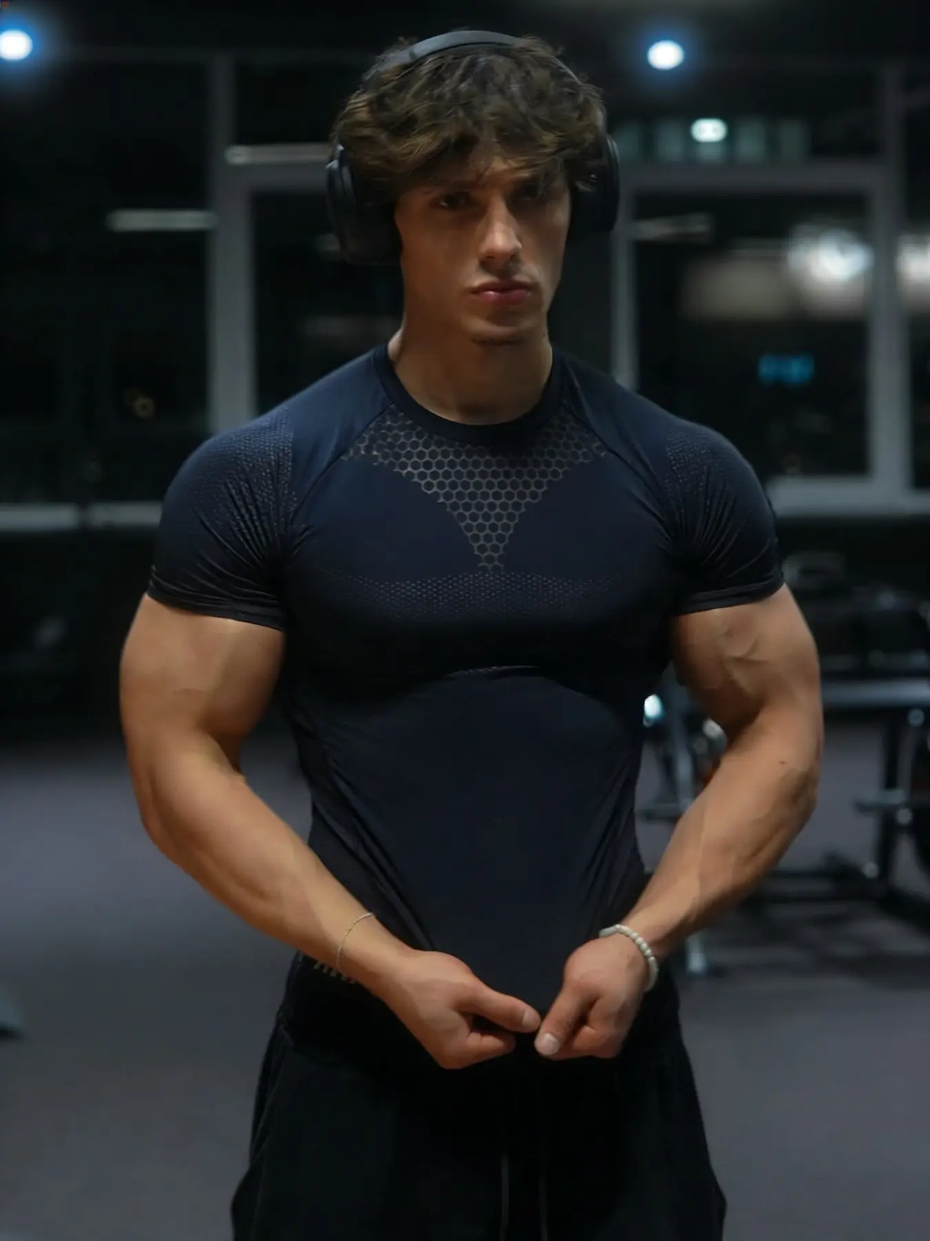 Men's Round Neck Raglan Compression Fitness Shirts Short Sleeve, High Elasticity Breathable Mesh Fabric, Geometric Pattern, Slim Fit, All Seasons