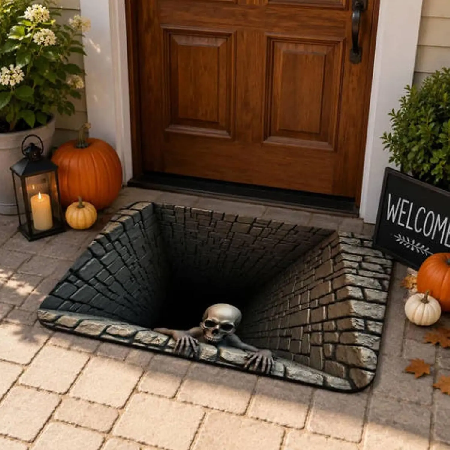 Halloween 3D Optical Illusion Rug, Brick Bottomless Area Mat, Horror Scary Non-Skid Quick Dry for Doormat Front Door Mat Indoor Outdoor Entrance Bathroom Bedroom