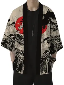 Men's Hanfu Kimono Jacket, Dragon Print, Lightweight Loose-Fit Open Front Cardigan, Japanese Ukiyo-E Style, Seven-Quarter Sleeve