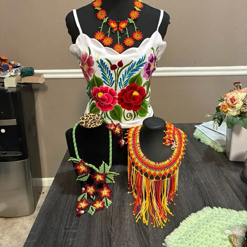 Traditional Mexican Beaded Necklaces Vibrant Floral Design with Matching Bracelet & Earrings for Eye-Catching Fashion