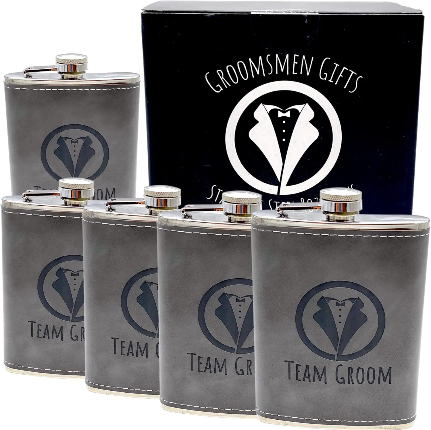 Groomsmen Proposal Gift for Wedding, Stainless Steel Wrapped Leather Hip Flask 8 Oz, Leakproof & Stamped with Team Groom for Bachelor Party Favors or Groomsman & Best Man Gift Boxes. (Gray, 5) QualityVibe