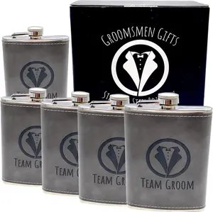 Groomsmen Proposal Gift for Wedding, Stainless Steel Wrapped Leather Hip Flask 8 Oz, Leakproof & Stamped with Team Groom for Bachelor Party Favors or Groomsman & Best Man Gift Boxes. (Gray, 5) QualityVibe