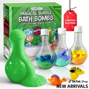 Kids Bath Bombs Powder with Mini Toys Inside – Bubble Bath Magic Science Kit Mix - Blast of Fizzy Foamy & Eruption Colors – Gift Set of 4 Body Care Blend
