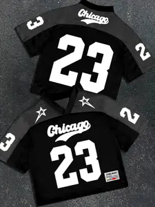 Men's Summer Casual Mesh Breathable V-Neck Short Sleeve Graphic Top, Chicago 23 Retro Rugby Jersey T-Shirt, Trendy Sporty Fashion Streetwear