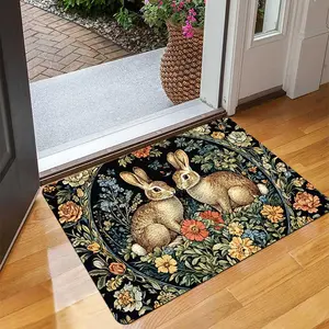 [Christmas, Easter] 1 Vintage Rabbit with Floral Doormat, Comfortable Polyester Fabric, Suitable for Indoor/Outdoor Use, Perfect for Balcony, Living Room, Laundry Room- Machine Made, Easy to Clean, Suitable for Christmas, Easter