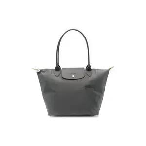 Longchamp Le Pliage Green 28 Medium Tote Bag in Graphite Gray with Snap and Zipper Closure, Made from Recycled Canvas for Women.
