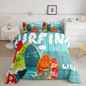 Surfboard Surf Comforter Set,Blue Rustic Farmhouse Wood Board Duvet Insert Sun Flower Palm Tree Silhouette Bedding Set for Kids Teens Adults,Hawaiian Ocean Style Quilted Duvet