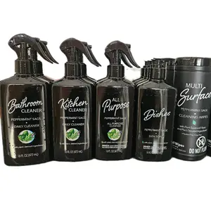 Peppermint + Sage Household Cleaning Supplies Set - Includes Bathroom, Kitchen, All Purpose, Dish Soap, Multi Surface Cleaner Wipes & a basket