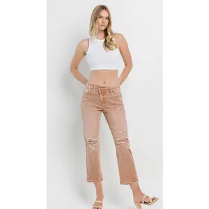 Flying Monkey High Rise Criss Cross Waistband Crop Straight Jeans – Distressed Tan