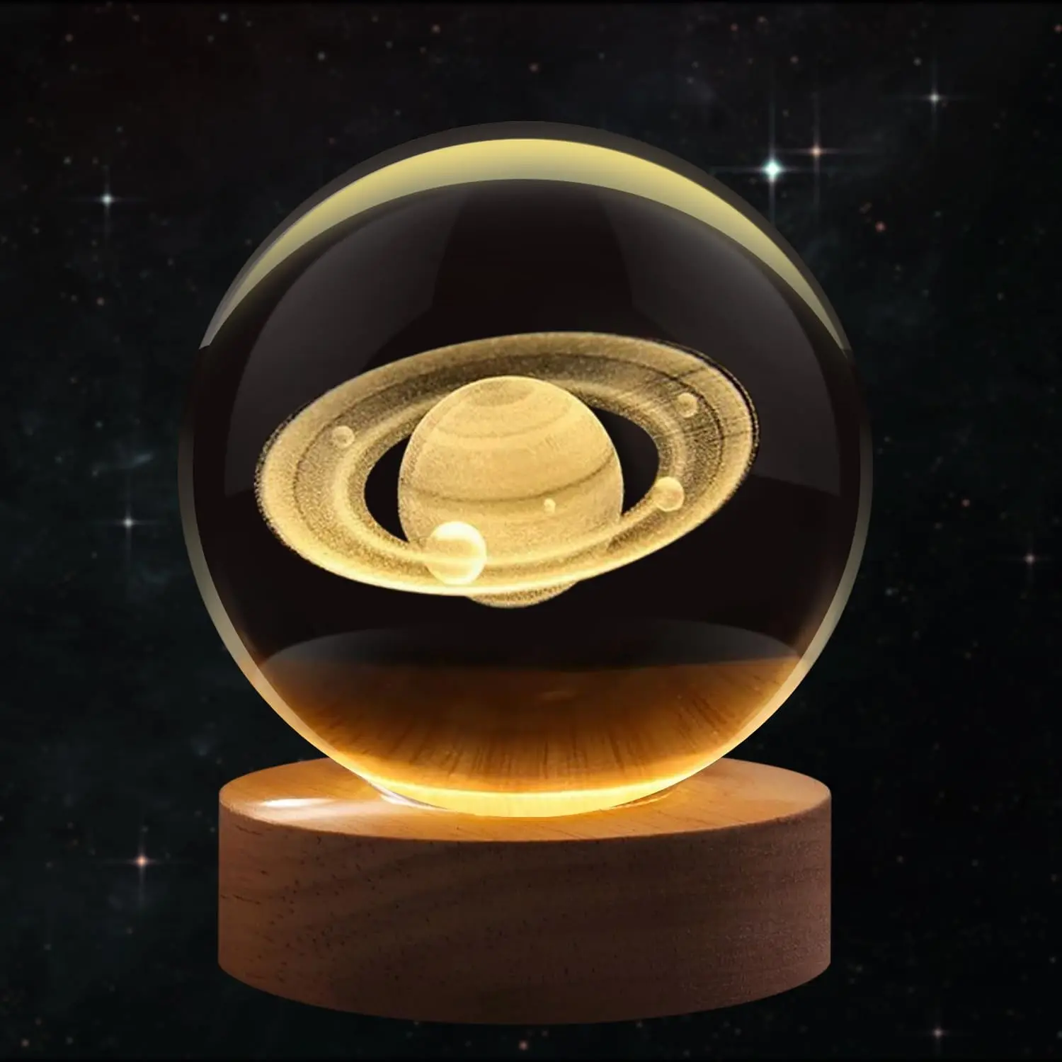 3D Saturn  Ball Night Light - LED Light Hologram Glass Lamp with Solid  Base, USB   Ball Lamp with Adjustable Brightness for Home Decor Display , 2.4inch(60mm)