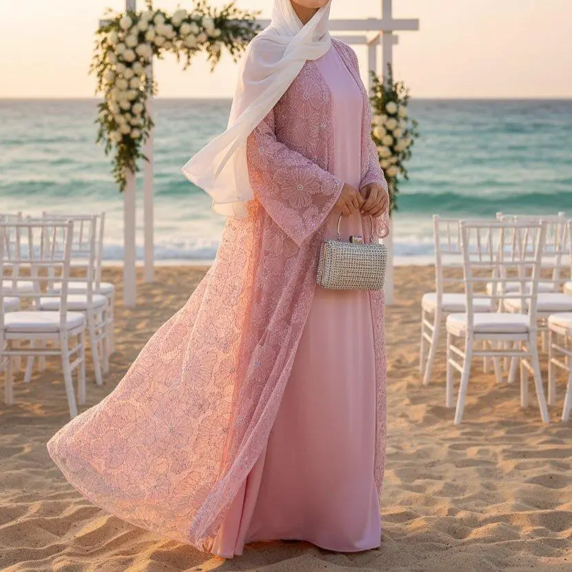 Women's 2-Piece Abayas for Eid, Loose Modest Fashion Set with Floral Embroidered Mesh Open Front Robe & Satin Inner Dress, Beaded Abaya Set