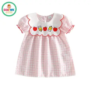 Back to School Dress for Little Girl Puff Short Sleeve Crew Neck Pencil Embroidery Plaid Print A Line Dress