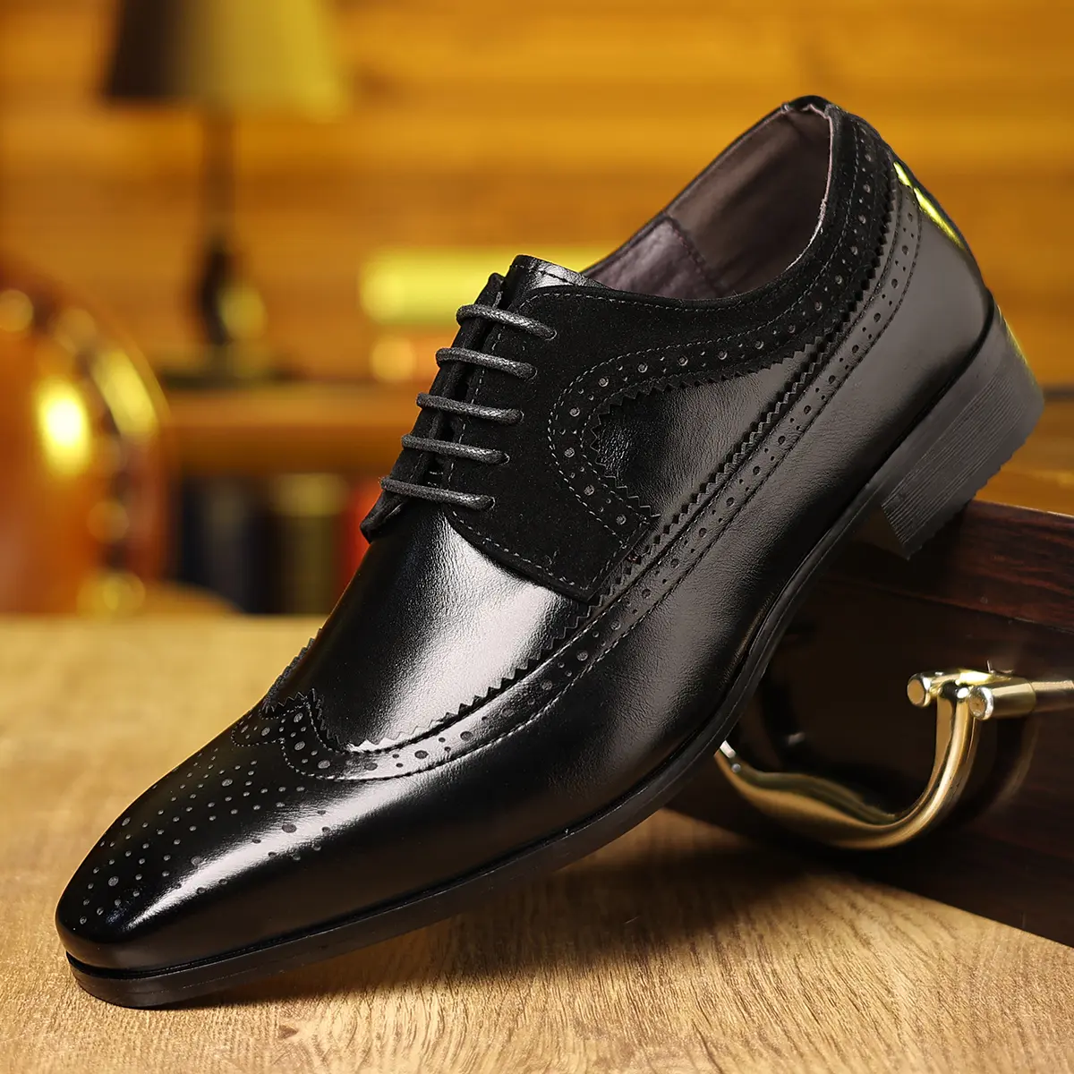 Men’s Classic Lace-Up Wing Tip Brogue Oxfords - Black Faux Leather Closed-Toe Formal Footwear, Padded Comfort for Business & Key Occasions