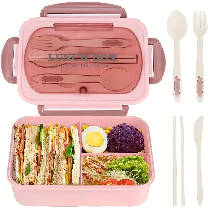 1 set eat box of 1200ml lunch box, equipped with knives, forks, chopsticks, leak proof bento box, tableware, free of bisphenol A, 3-compartment bento box, microwave safe, for school season, classroom, university, school supplies, kitchen stor