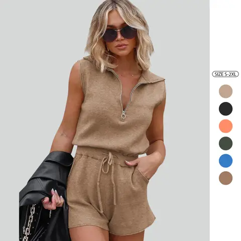 Imily Bela Women's Casual Sleeveless Short Rompers Summer Half Zip Lapel Collar Drawstring Knit One Piece Jumpsuit with Pockets Springtok