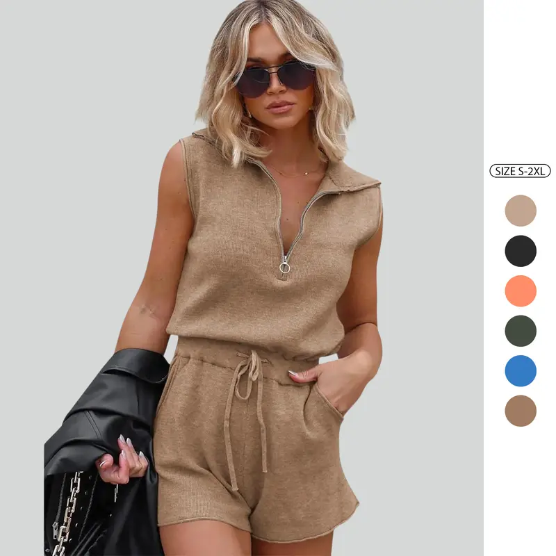 Imily Bela Women's Casual Sleeveless Short Rompers Summer Half Zip Lapel Collar Drawstring Knit One Piece Jumpsuit with Pockets Springtok