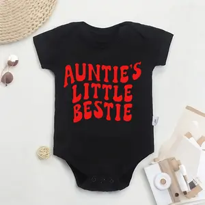 "AUNTIE'S LITTLE BESTIE" printed romper for baby girls and boys, a favorite of aunts! Featuring letter print, pure cotton material, suitable for all seasons, and available in multiple colors.