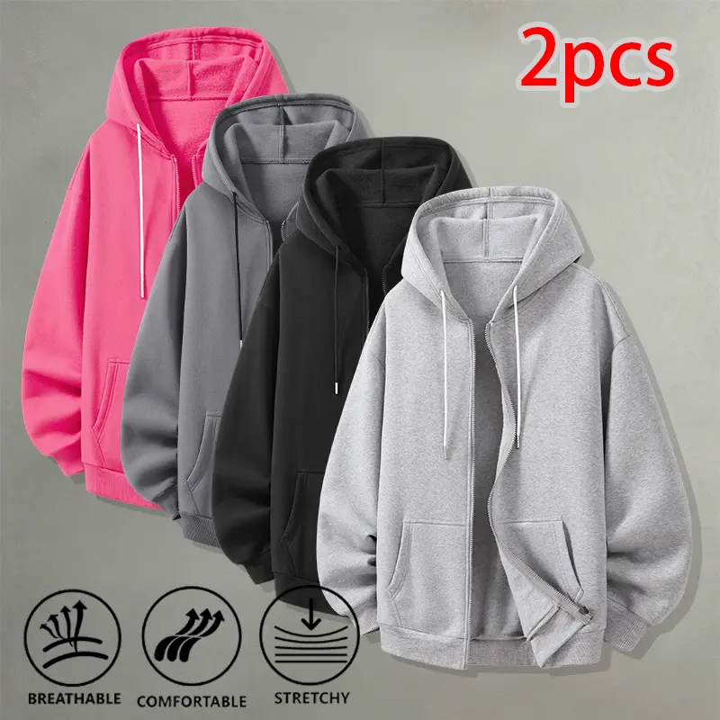 Men’s basic solid-color two-piece set: zip-up hooded jacket and loose long-sleeve sweatshirt made from breathable fabric for street walking.