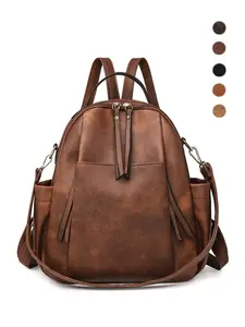 Vintage Oil Wax Leather Multifunctional Backpack for Women, Soft PU Material, Tassel Zip Design, Casual Travel Bag, Large Capacity