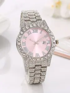Men's & Women's Quartz Watch, Pink Color Dial Alloy Strap, Casual Roman Numeral Calendar Dial Stylish Business Watch, Rhinestones Decor Wristwatch, Ideal Gift for Him (Father’s Day, Valentine’s, Merry Christmas