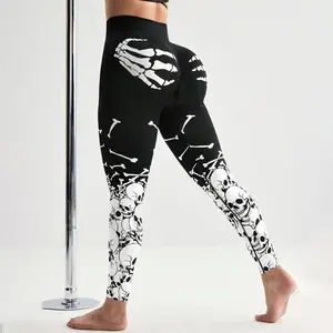 Skeleton Halloween Leggings, Spooky Skeleton Design, Comfortable Stretch Fabric, Perfect For Halloween Parties, Casual Wear, Fitness, Plus V2