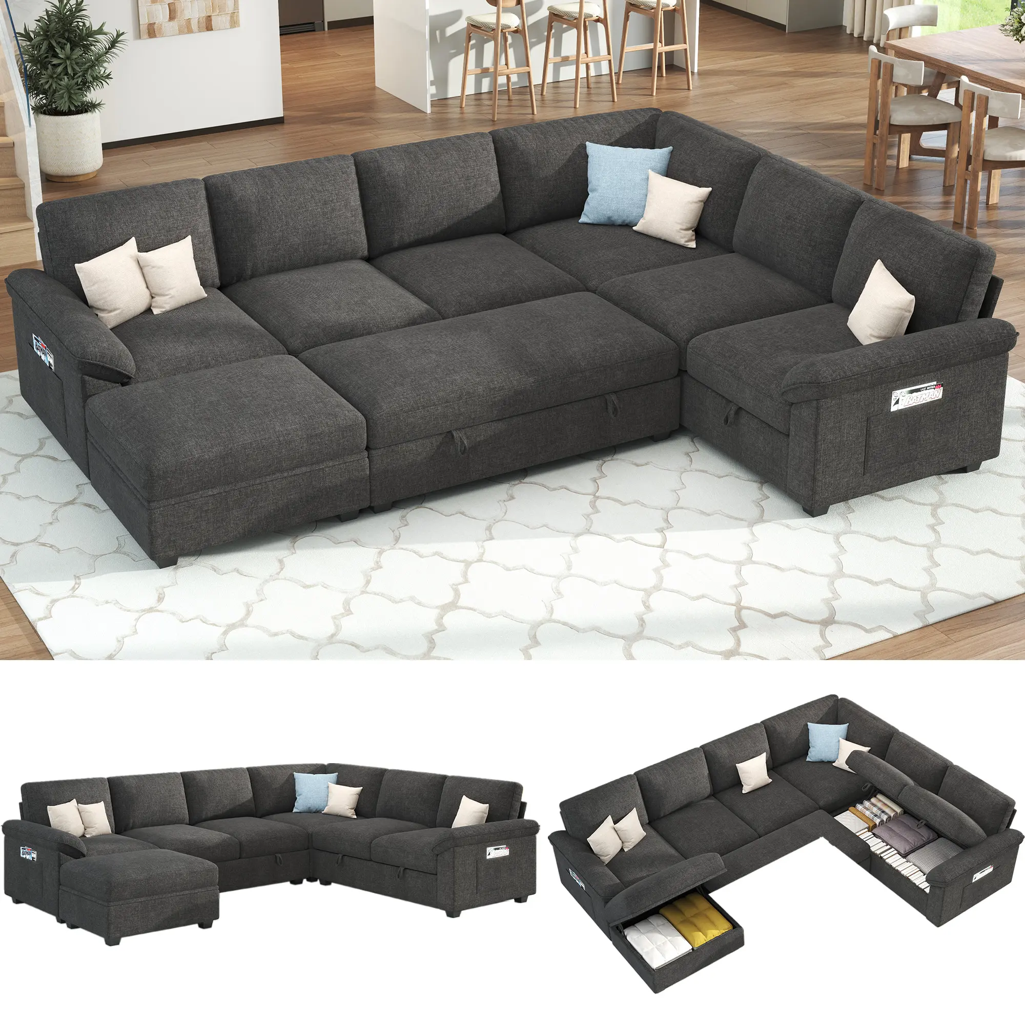 [SummerSale][Ships in 2 Boxes] AMERLIFE 105" Chenille Sofa Bed, Sectional Sleeper Sofa with Pull Out Bed/Reclining Backrest, Sleeper Couch Bed with Storage, 6 Seater Couch Bed for Living Room