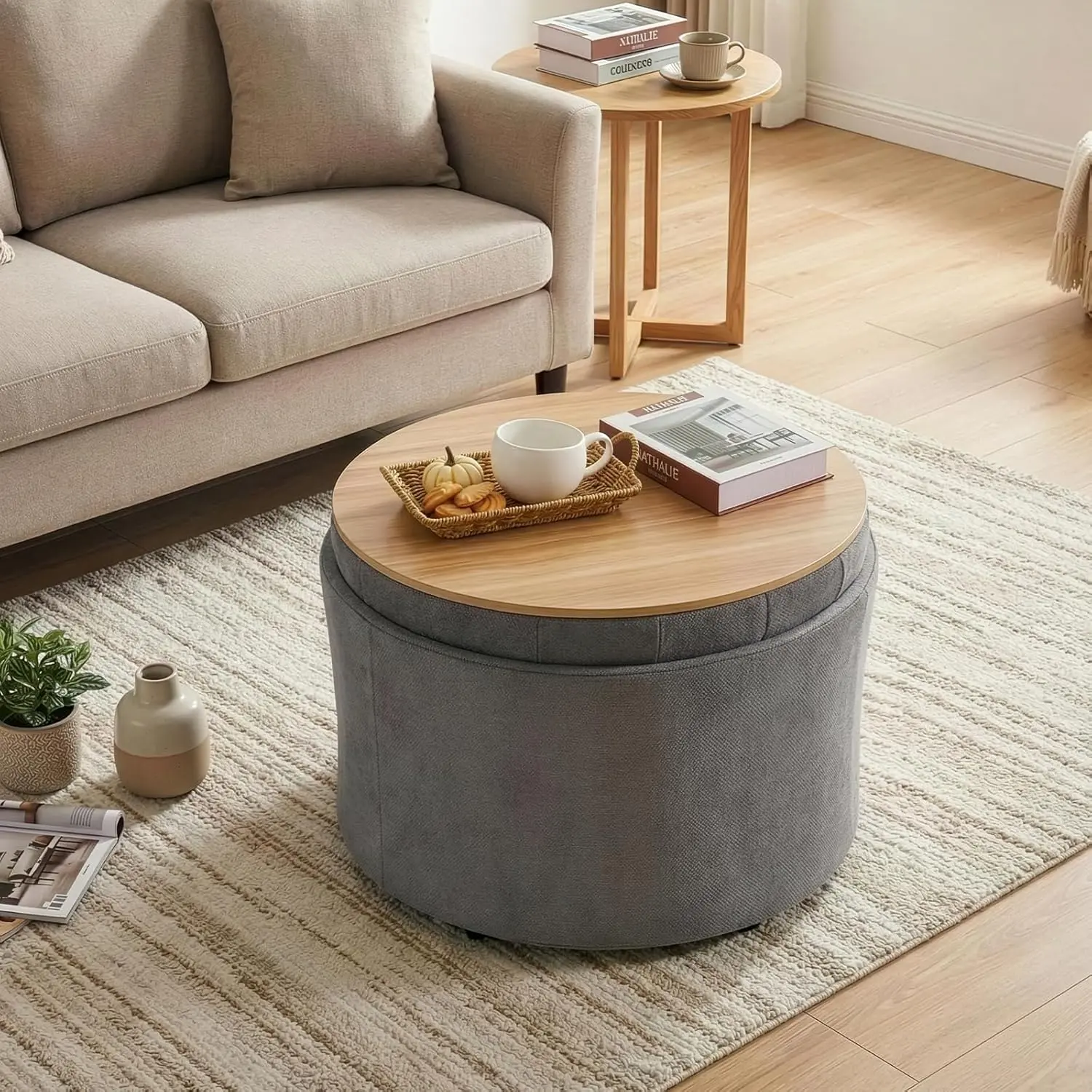ONBRILL 25" Round Foldable Ottoman Coffee Table – Lift-Off Lid with Hidden Storage, Sturdy Steel Frame, Compact & Space-Saving. Multifunctional Footrest Stool for Living Room, Bedroom, and Home Decor