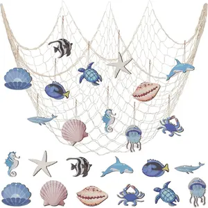 14Pcs Nautical Fish Net Wall Decoration with Turtle Fish Starfish Shell Whale Hangings Decorative Fishing Net for Pirate Party Ocean Themed Party Mediterranean Decor