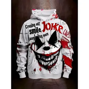 Men's Casual Sports Fashion Trend Fitness Outdoor Home Hooded Sweater, Sweatshirt, Clown Pattern 3D Printing, Regular Version, Elastic, With Drawstring Pocket, Knitted Fabric, Versatile Styles, Spring Autumn Winter Men's Hooded Sweater