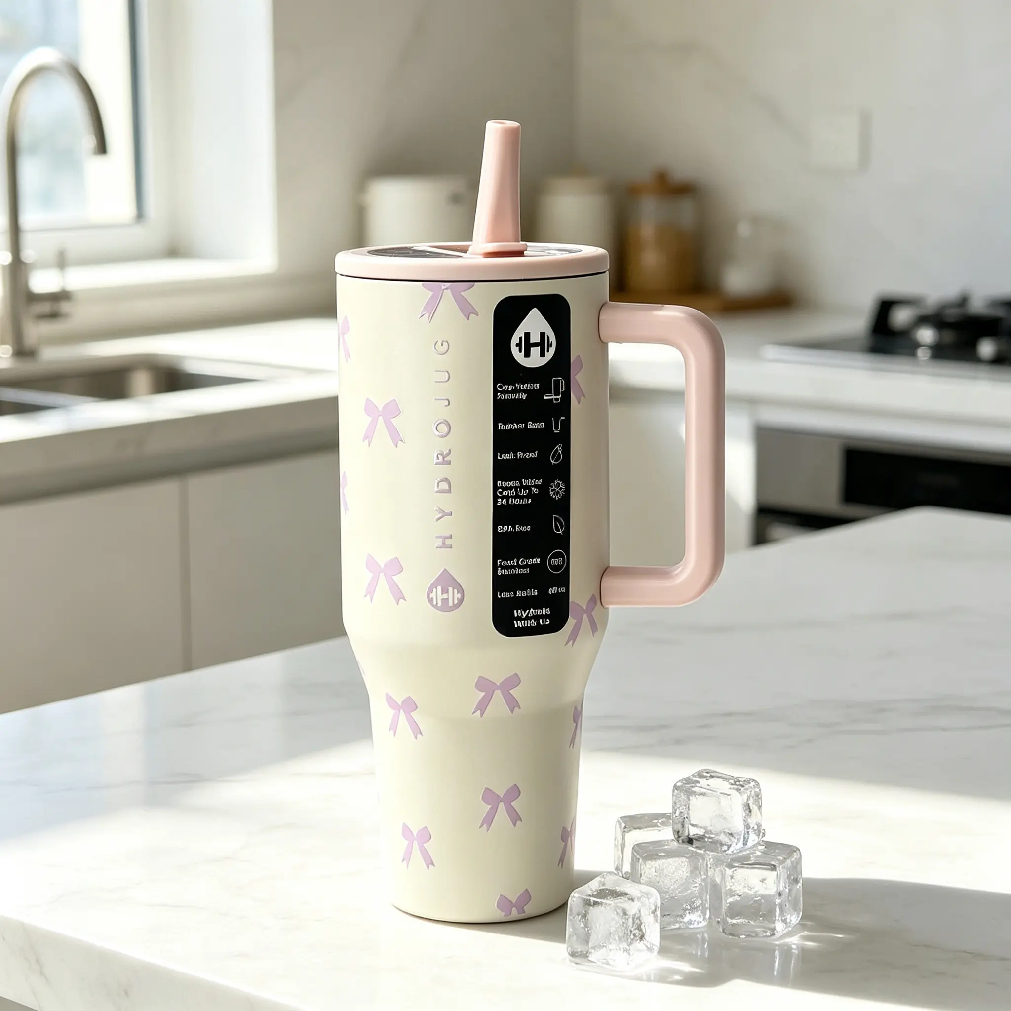 HydroJug 40oz Leak-Proof Insulated Tumbler with Flip Straw & Cup Holder Fit Flasks Lid Drinkware Bow tie pattern Reusable Bottles Stainless