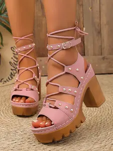 European Vintage Thick Sole Women's Sandals, Summer New Open-Toe High Heel Roman Shoes, Fashion Rivet Strap Casual Outdoor Shoes, Breathable Summer Sandals