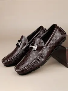 Elegant Slip-On Flat Loafers, First Layer Cowhide + Rubber Sole, Plaid Design, Perfect for Formal & Casual Wear, Halloween / Christmas Ideal Choice, Footwear, Shoe