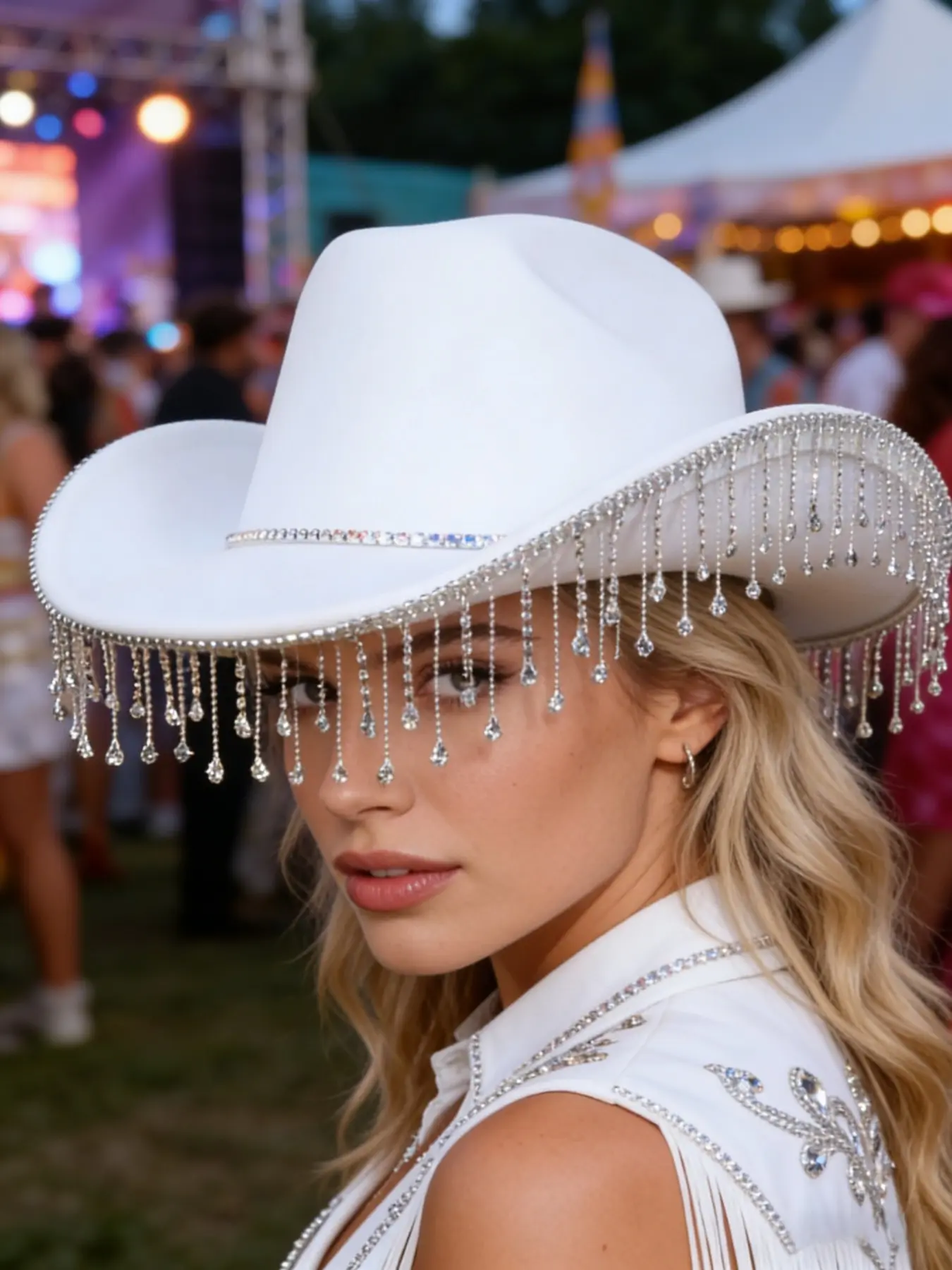 1PCS Fashion Rhinestone Western Cowboy Hat, Bride Hat, Water Drill Fringe Sun Protection Velvet Hat, Cowboy Style Hat, Perfect for Singles, Weddings, Parties, Music Festivals