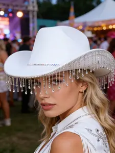 1PCS Fashion Rhinestone Western Cowboy Hat, Bride Hat, Water Drill Fringe Sun Protection Velvet Hat, Cowboy Style Hat, Perfect for Singles, Weddings, Parties, Music Festivals