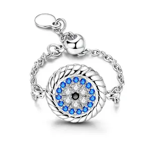 MULA S925 Silver-Plated Evil Eye Adjustable Circle Chain Ring - Blue CZ Gemstone Studded Charm Crystal Protection Jewelry for Women, Religious Amulet, Bohemian Minimalist Statement Accessory, Circle Chain Rings, Gemstone Studded Rings