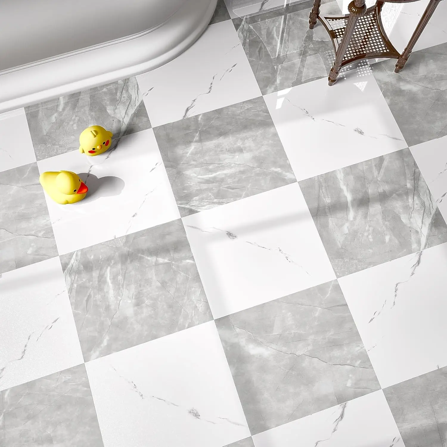 40-Pack Peel and Stick Tile Vinyl Floor Glossy 12x 12 inch, Waterproof Stick on Tiles for Bathroom, Kitchen, Dining Room, Cover 40 Sq. Ft, Light Grey&White Marble (20 per Color)